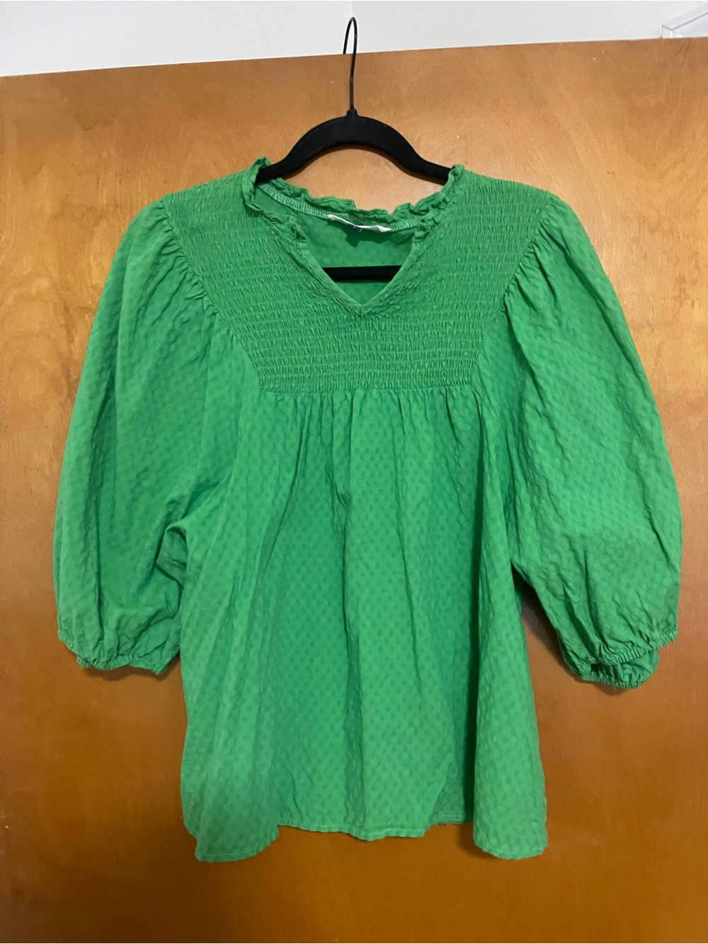 Michele Green Smocked V-Neck Puff Sleeve Blouse